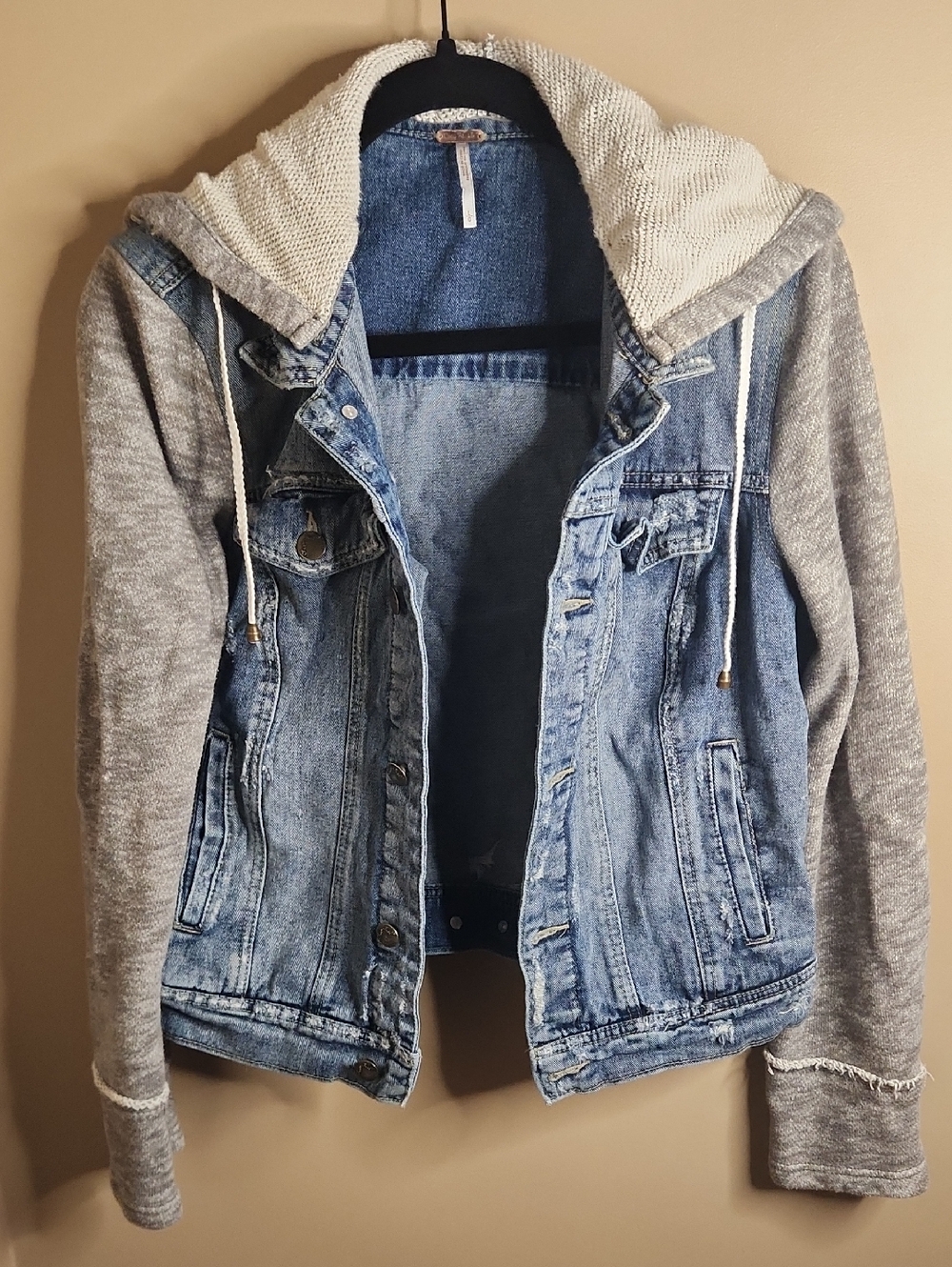 Free People Women's Distressed Denim Hooded Jacket. Size L.